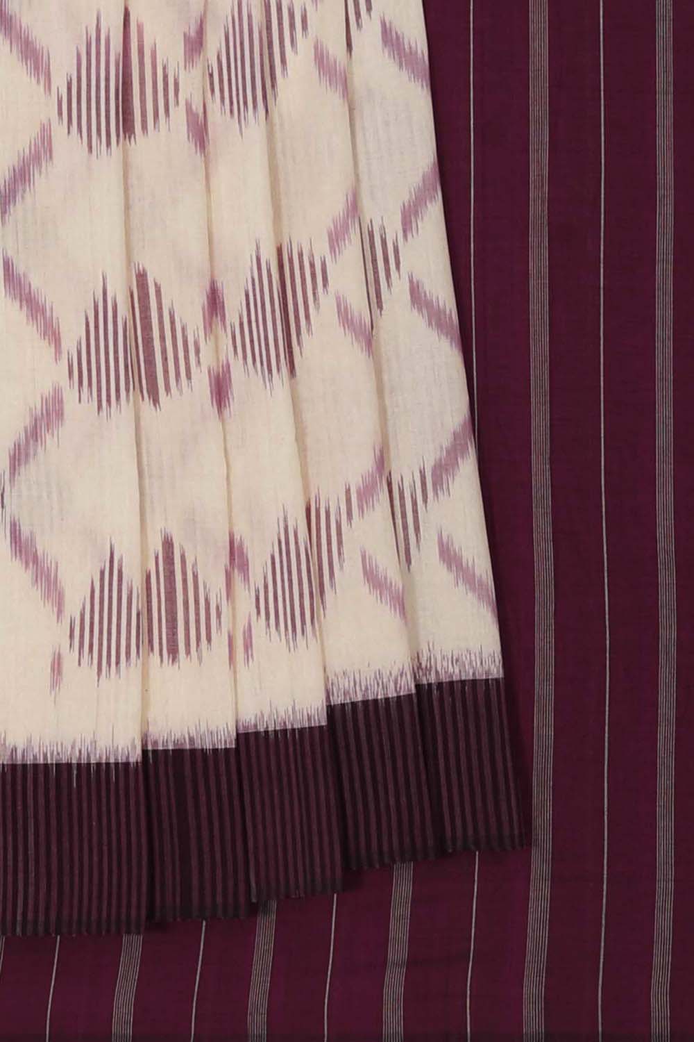 Image of Off White and maroon Pochampally Cotton Ikat Saree